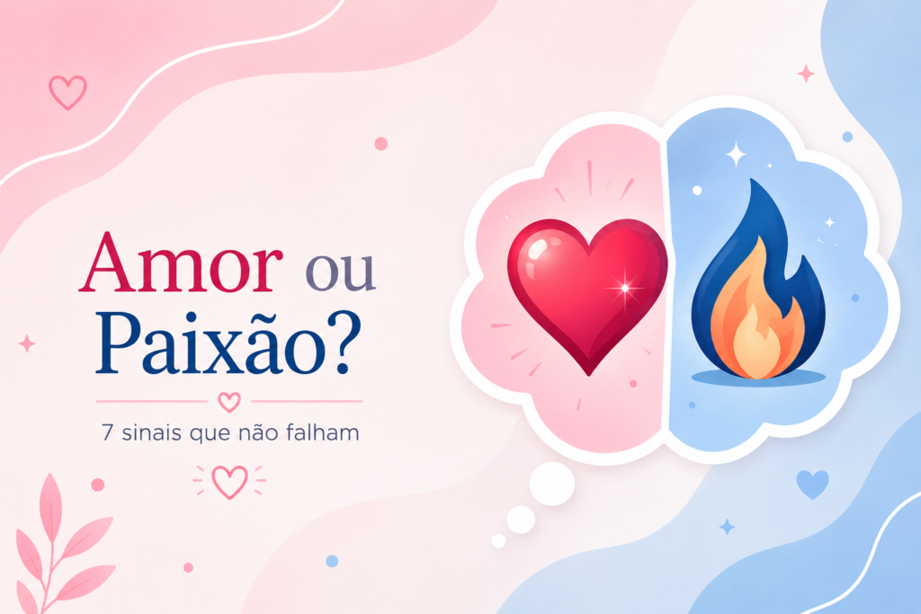 Ilustração moderna e leve, estilo flat design, fundo suave em tons de rosa, azul e branco. No centro, um balão de pensamento dividido ao meio: de um lado um coração brilhante e intenso representando a paixão, do outro uma chama calma e estável representando o amor. Abaixo, o texto sutil: "Amor ou Paixão? 7 sinais que não falham". Ambiente acolhedor, sem detalhes excessivos, alta resolução, cores vibrantes mas suaves.