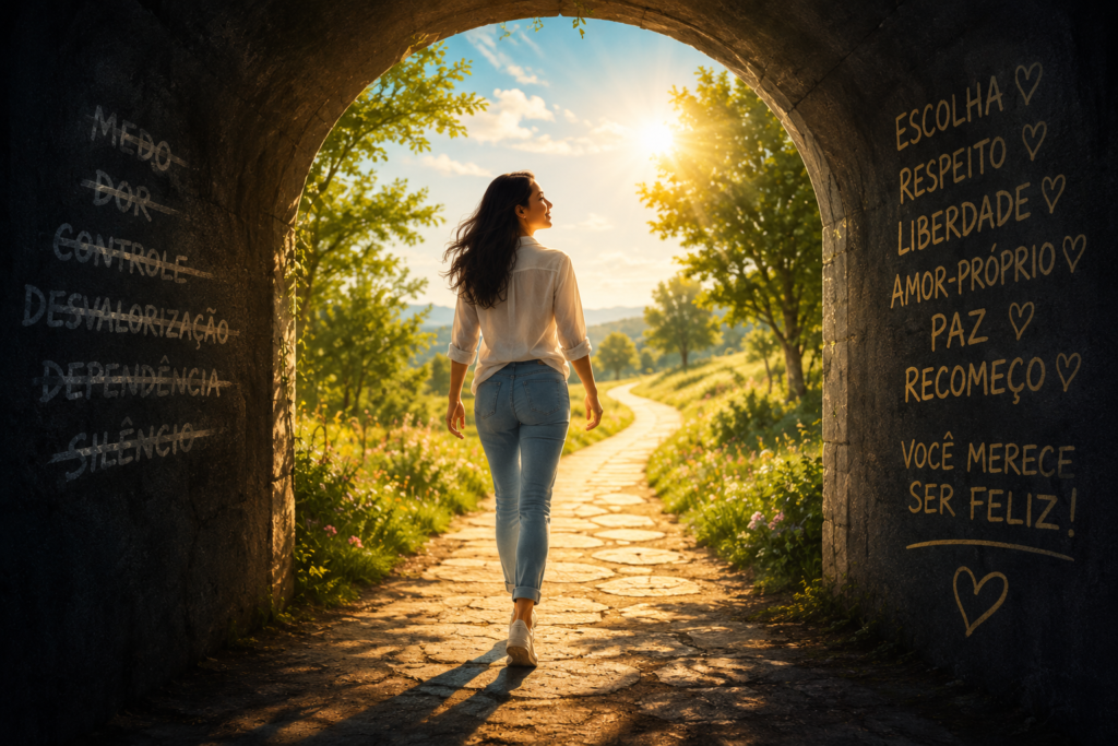Caminho leve e iluminado que sai de um ambiente escuro e vai em direção a um lugar aberto, com sol e árvores. Uma pessoa caminhando sozinha, mas de cabeça erguida, leve e sorrindo. Cores vibrantes, luz natural, sensação de paz, liberdade e renascimento. Transmite superação, autocuidado e recomeço.