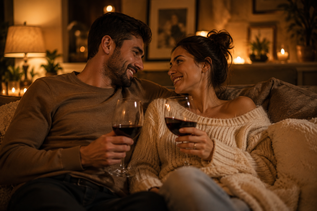Um casal deitado confortavelmente no sofá da sala, com luzes quentes e aconchegantes ao fundo (luz amarelada). Eles estão segurando taças de vinho, sorrindo e olhando profundamente nos olhos um do outro, em um clima de muita intimidade, paz e conversa."
