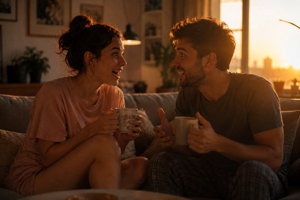 "Um casal jovem sentado de frente um pro outro no sofá da sala, segurando xícaras de café. Eles estão conversando animadamente e sorrindo, parecendo ter acabado de descobrir algo incrível. A luz é quente, de fim de tarde, entrando pela janela. Estilo fotográfico autêntico, granulado natural."