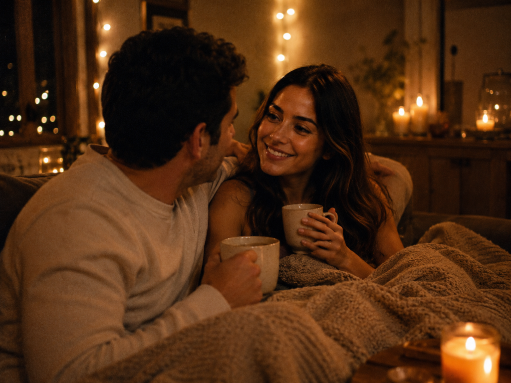 Uma foto autêntica e granulada de um casal brasileiro (o mesmo casal de image_0.png) em meados dos 20 anos, aconchegado no sofá da sala à noite. O ambiente é iluminado apenas por luzes de pisca-pisca quentes e algumas velas aromáticas (seguras). Eles estão cobertos por uma manta de tricô, rindo e segurando canecas de cerâmica. Vibe íntima, caseira e romântica. Natural grain. Shot on Kodak Portra 400."