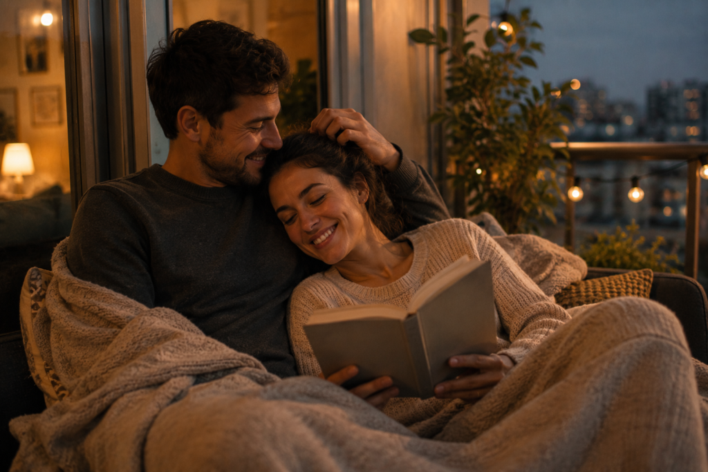 "O mesmo casal aconchegado sob uma manta em uma varanda ou próximo a uma janela, lendo o mesmo livro juntos ou apenas conversando, sem telas ou distrações por perto. A mão do homem está suavemente fazendo um cafuné no cabelo da mulher. Iluminação suave e íntima." linguagens de amor