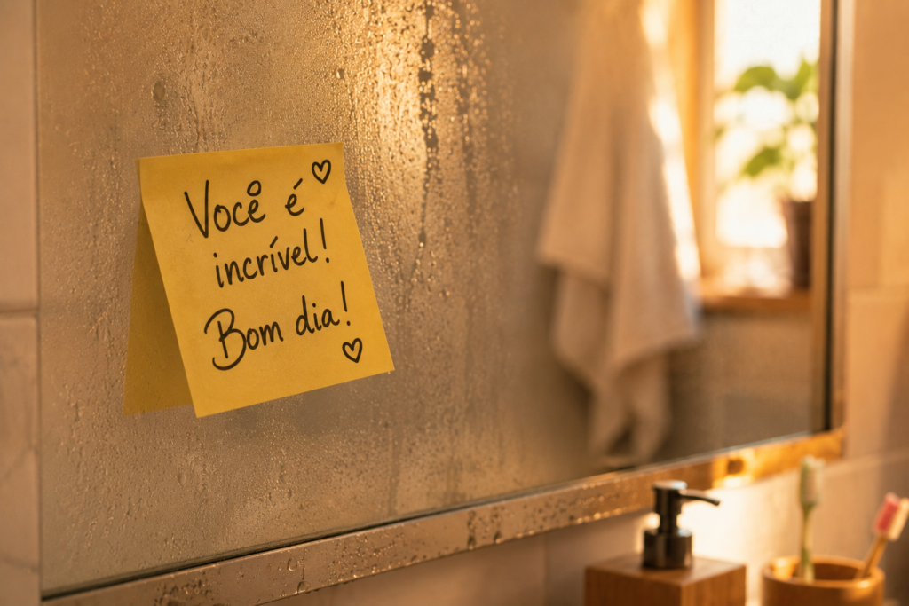 "Close-up em um espelho de banheiro levemente embaçado. Há um bilhete de post-it amarelo colado no espelho com a frase 'Você é incrível! Bom dia!' escrita à mão com caneta marcadora. Uma atmosfera de manhã aconchegante e romântica."