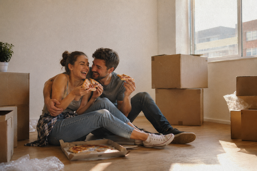 "Casal jovem e feliz, rindo e abraçados no chão de uma sala vazia, rodeados por caixas de mudança de papelão. Eles estão comendo fatias de pizza. O ambiente é iluminado pelo sol entrando pela janela, transmitindo esperança, novo começo e amor. Estilo de foto autêntica e calorosa, textura granulada suave."