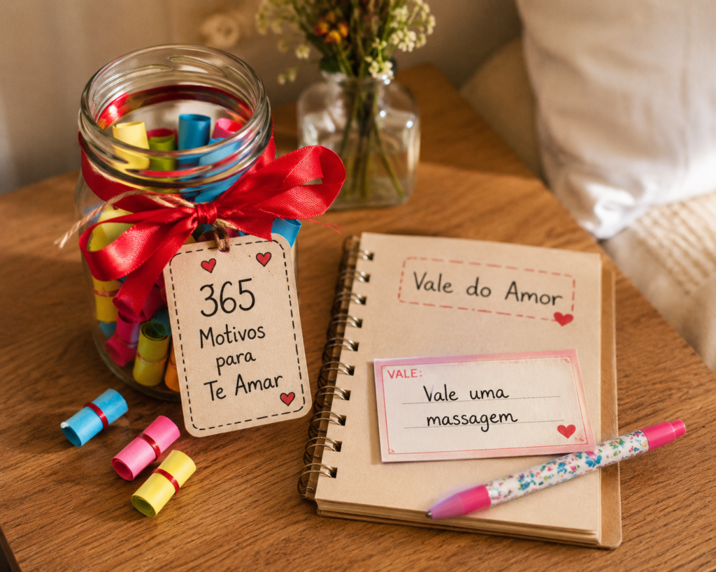 Uma foto charmosa e 'instagramável' em cima de uma mesa de cabeceira de madeira. Vemos um pote de vidro de geleia reutilizado, decorado com uma fita vermelha e um rótulo escrito à mão: '365 Motivos para Te Amar'. O pote está cheio de pequenos papéis coloridos enrolados. Ao lado do pote, há um pequeno caderno artesanal aberto com o título 'Vale do Amor', mostrando um cupom que diz 'Vale uma massagem'. Uma caneta colorida está ao lado. Luz suave de manhã."