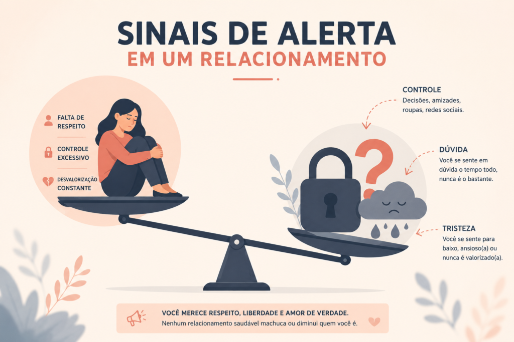 Representação visual dos sinais de alerta em um relacionamento. Uma balança desequilibrada de um lado, e do outro símbolos sutis como um cadeado (controle), um ponto de interrogação (dúvida) e uma nuvem cinza (tristeza). Estilo flat design, cores que passam a ideia de alerta mas sem ser agressivo. Transmite: falta de respeito, controle e desvalorização.