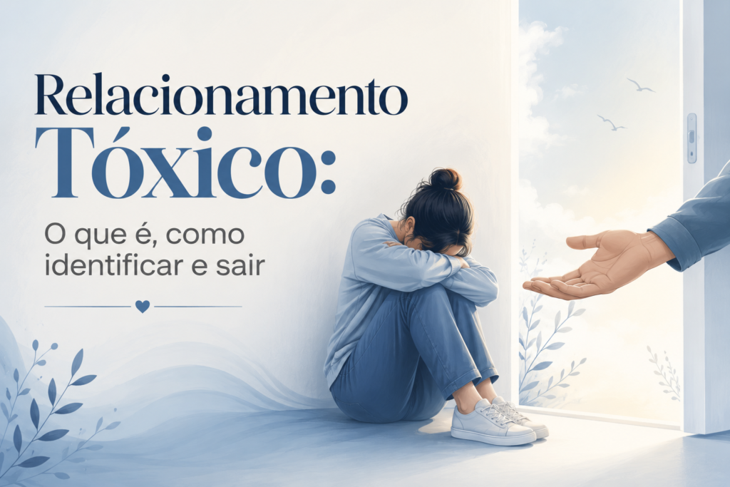 Ilustração suave e acolhedora, estilo minimalista e moderno. Uma pessoa sentada em um canto, mas com uma mão estendida em sua direção oferecendo ajuda e apoio. Cores suaves, tons pastéis de azul e branco. Transmite alívio, esperança e a ideia de se libertar. Texto na imagem: "Relacionamento Tóxico: O que é, como identificar e sair". Fundo limpo, sem poluição visual.