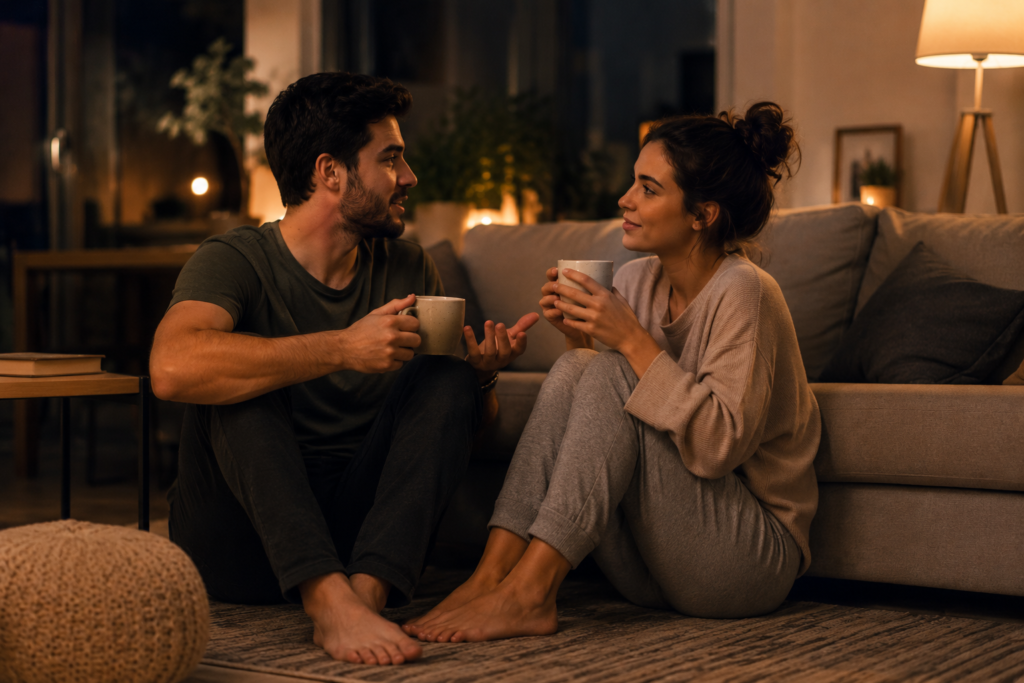"Casal sentado no chão encostado no sofá, com duas xícaras de chá nas mãos. Eles estão focados um no outro; o homem está falando e a mulher está ouvindo com uma expressão de total empatia e atenção. Clima de fim de noite, relaxante e seguro." sair da rotina no relacionamento