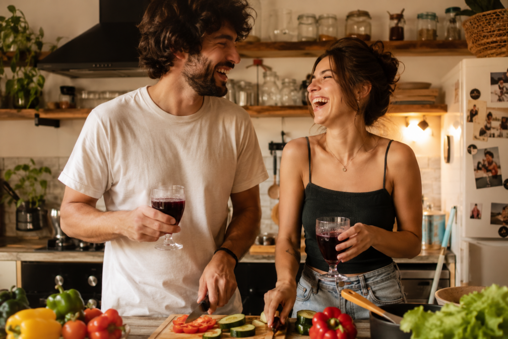Casal jovem e feliz, rindo muito enquanto cozinham juntos em uma cozinha caseira levemente bagunçada. Estão cortando vegetais e segurando taças com suco de uva. Clima intimista, divertido e de muita parceria. Fotografia com iluminação quente e textura suave."